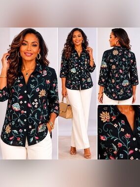 Silk Land 100% Silk Embroidered Floral Blazer Size XL Black colorful flowers